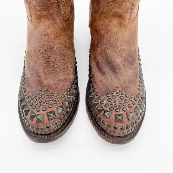 Lucchese Women’s 9 Brown Mad Dog Stud Wingtip Distressed Western Cowgirl Boots - Picture 6 of 12